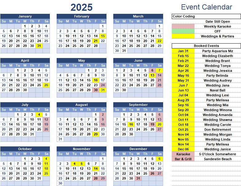 Shows dates of DJ Disc Jockey Bookings for the Year of 2025