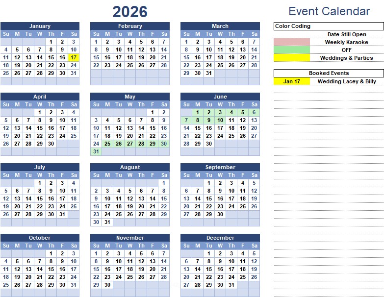 Shows dates of DJ Disc Jockey Bookings for the Year of 2026