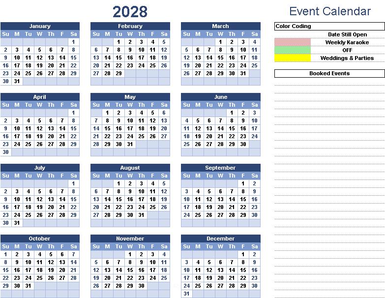 Shows dates of DJ Disc Jockey Bookings for the Year of 2028