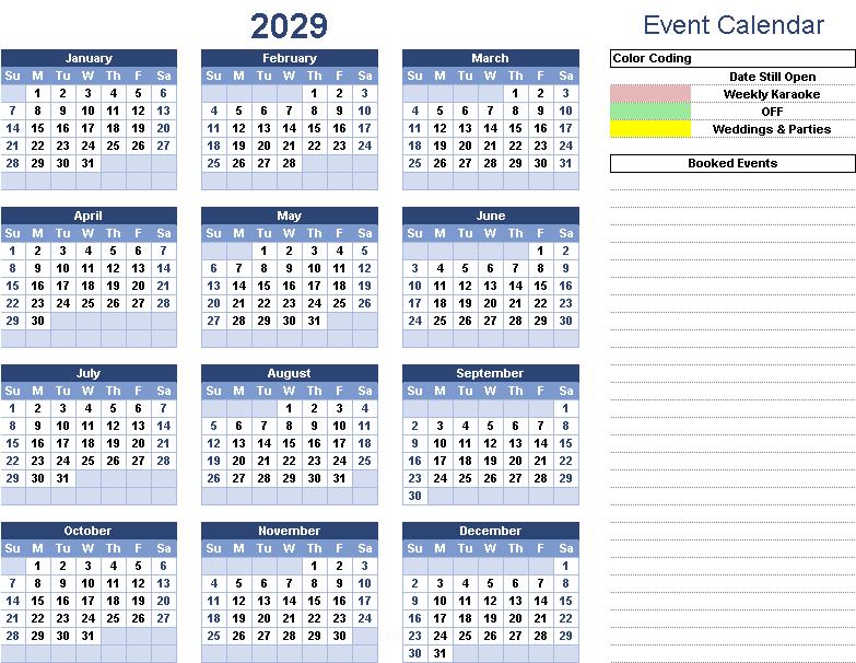 Shows dates of DJ Disc Jockey Bookings for the Year of 2029