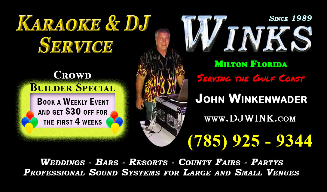 Business Card displays contact information for Winks Karaoke and DJ Service in Florida
